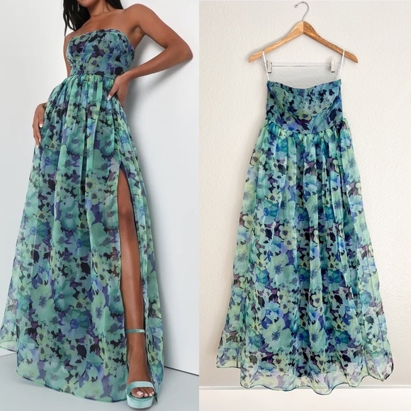 NWOT Wonderful Waltz Green Floral Print Strapless Bustier Maxi Dress - Picture 1 of 7
